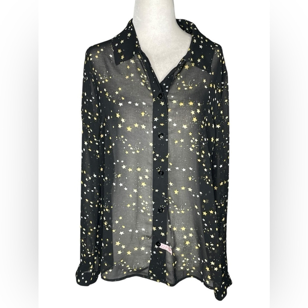 Cabi whimsical Sheer Button Down Blouse Black w Yellow & White Stars Size S